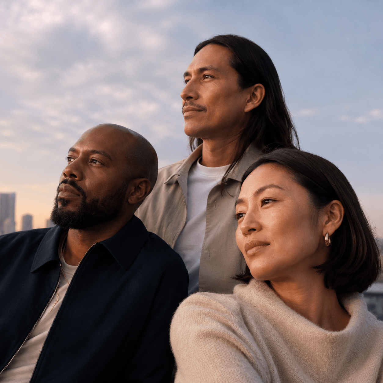 Three friends looking ahead together