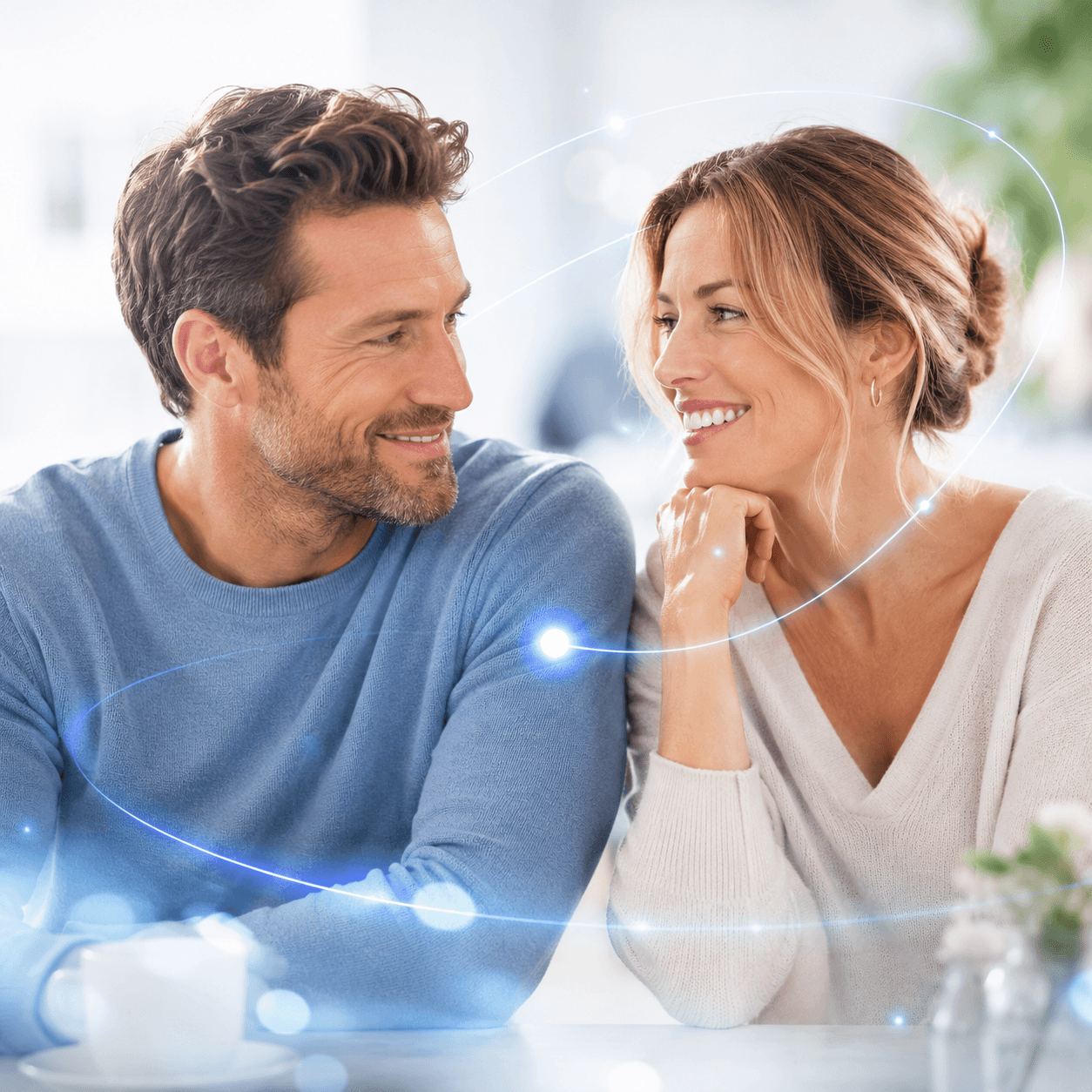 Two smiling people in bright sunlight
