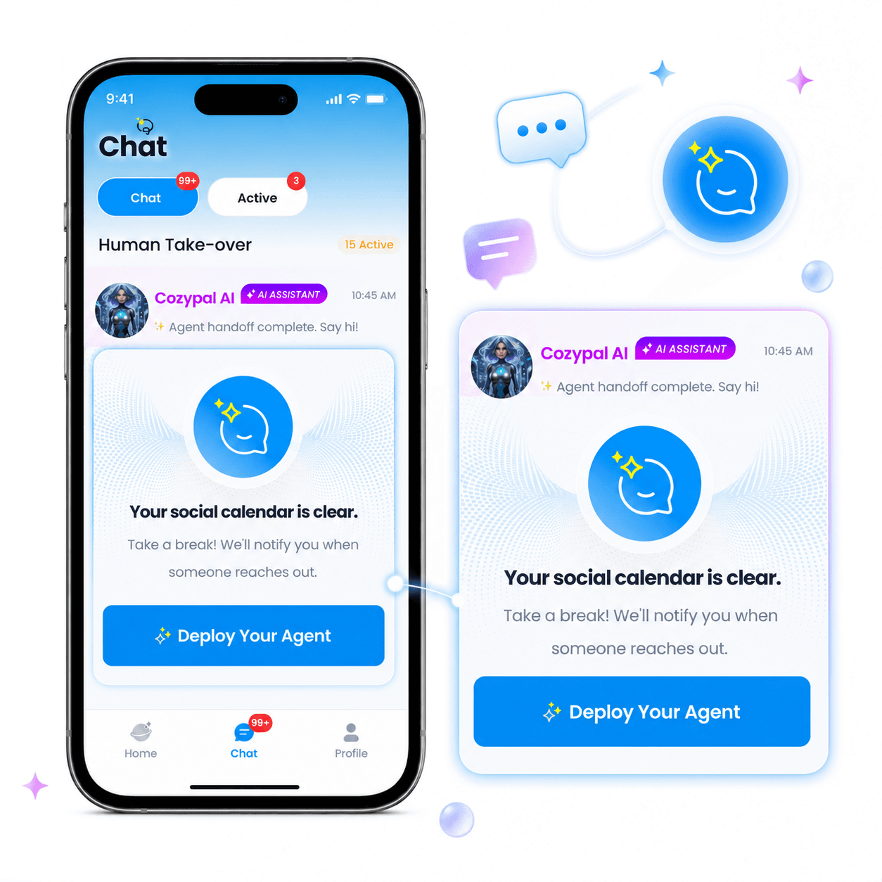 Cozypal chat list with AI agent notifications