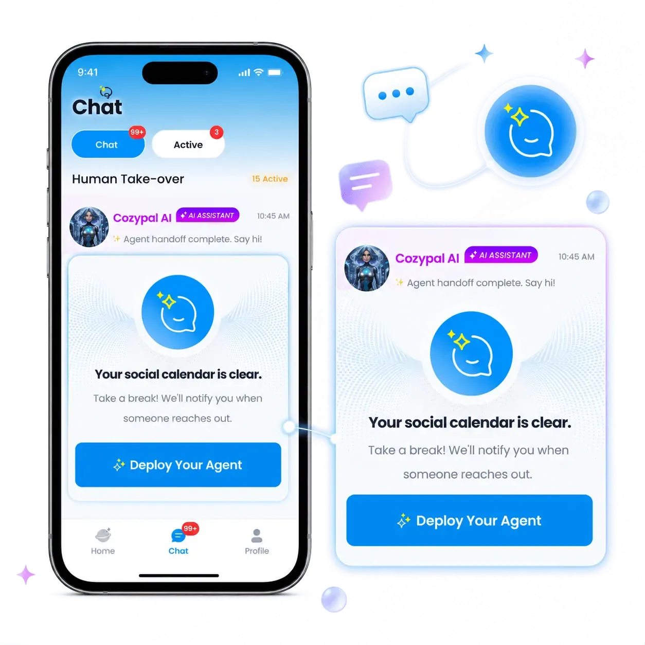 Cozypal chat list with AI agent notifications