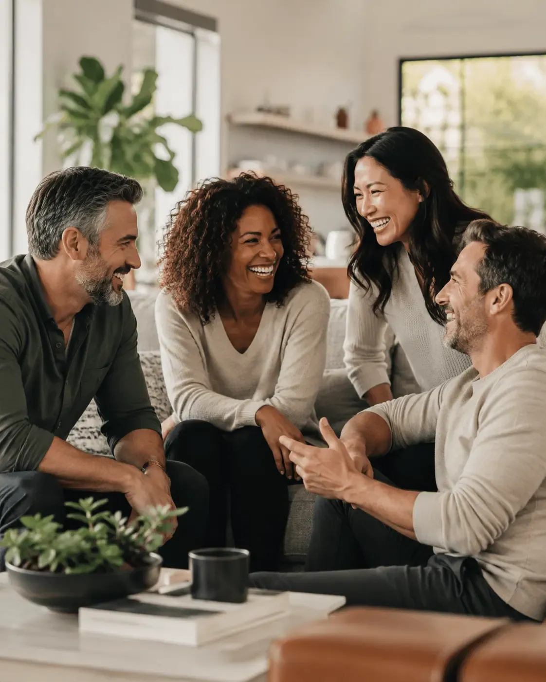 Friends talking together in a warm living room