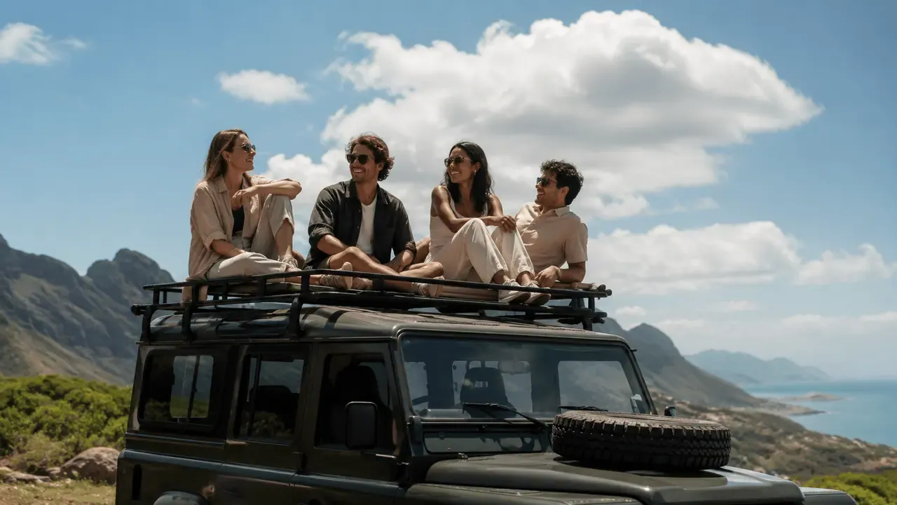 Friends sitting together on a road trip above the coast
